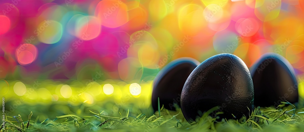 Poster traditional easter eggs adorned with black paint displayed on a green lawn with colorful background 