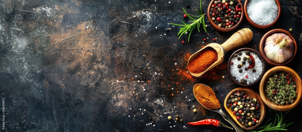 Poster cooking spices with kitchen tools on a rustic background with copy space image