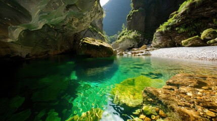 A serene scene depicting turquoise water nestled in a hidden river cave, emphasizing the peaceful and untouched nature of the location, surrounded by lush greenery and rocky formations.