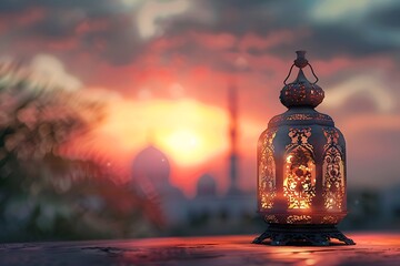 Illustration on the theme of Ramadan. An oriental carved lamp stands against the background of the golden moon and the starry sky. 
