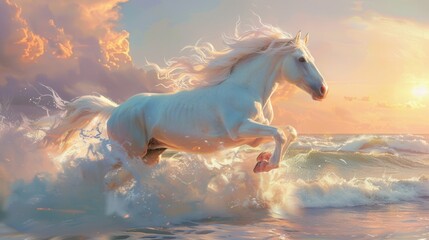 Majestic White Stallion Rearing on Sunset Beach - Dynamic Digital Illustration of Powerful Horse with Crashing Waves