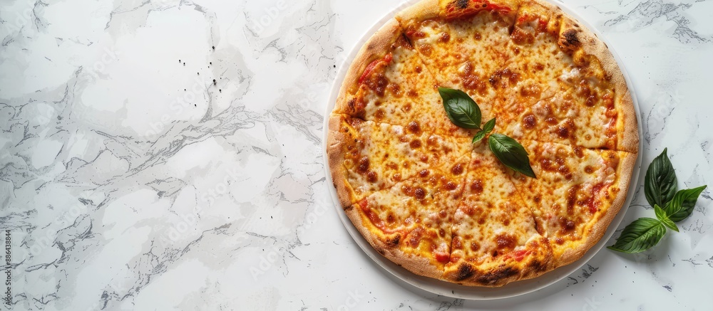 Aufkleber Top view of a traditional Italian pizza topped with cheese set on a white marble surface with room for text or images in the frame. with copy space image. Place for adding text or design