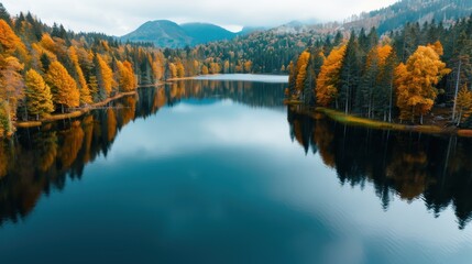 Fototapeta premium A beautiful autumn scene of a lake with vivid foliage reflecting on the water. The background includes distant hills, highlighting the seasonal change and natural beauty.