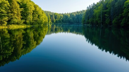 Fototapeta premium A serene lake surrounded by dense forest and lush greenery. The water surface perfectly mirrors the verdant landscape, showcasing a moment of stillness in nature.