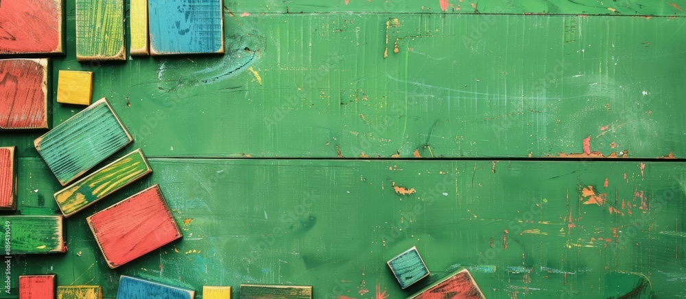Poster a vibrant green background with a variety of colorful wooden elements perfect as a backdrop for your