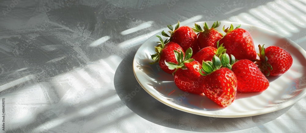 Aufkleber Close up image of ripe fresh strawberries on a white plate with a long shadow featuring ample copy space for text or graphics