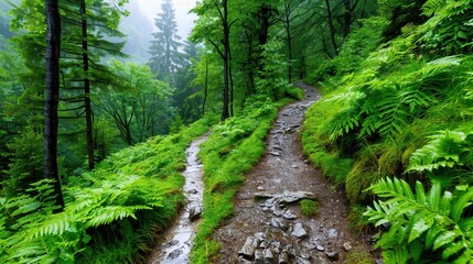 Two forest paths diverge amid lush ferns and vibrant green foliage, with the ground still damp from a recent rain, depicting choice, exploration, and nature's allure.