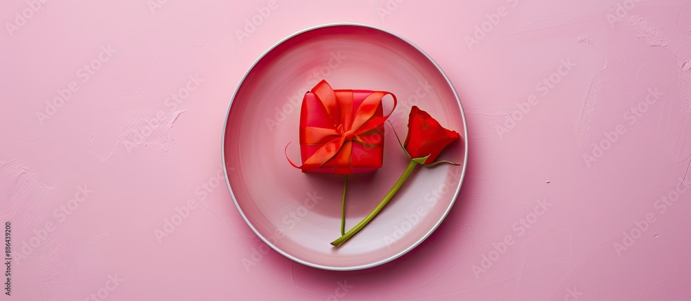 Poster minimal concept with a romantic touch showcased in a festive table setting featuring a red gift on a