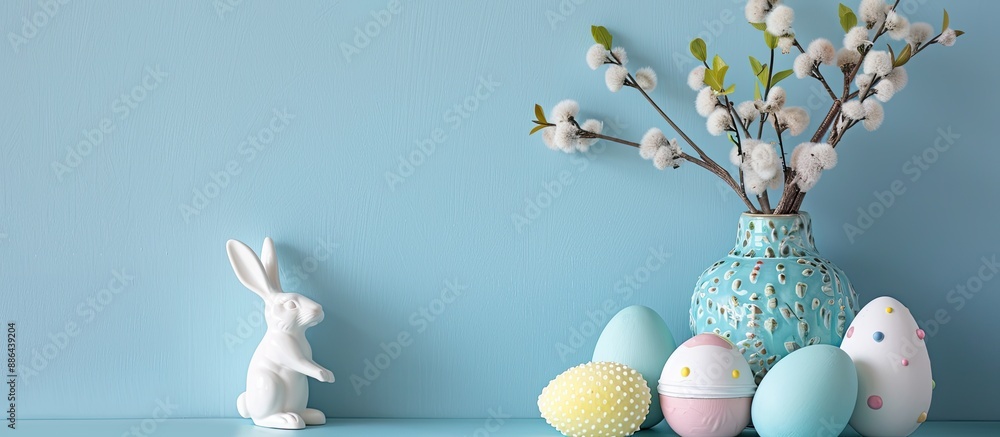 Aufkleber Spring themed Easter holiday arrangement featuring a willow branch white rabbit statuette and colorful painted eggs on a soft pastel blue backdrop with a front view and space for text in the image