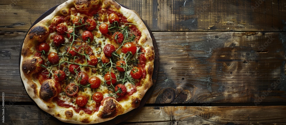 Poster a mouthwatering pizza topped with cherry tomatoes on a rustic wooden table perfect for a copy space 