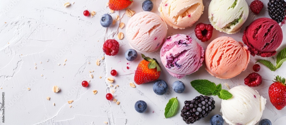 Poster various flavors of refreshing ice cream balls surrounded by fresh berries on a white backdrop with c