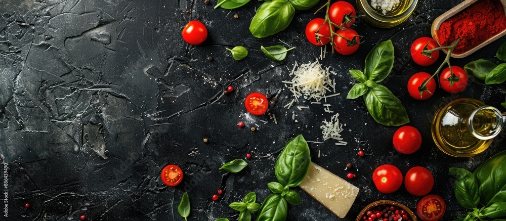 Poster top view of a dark table with ingredients like parmesan cheese basil leaves cherry tomatoes and oliv