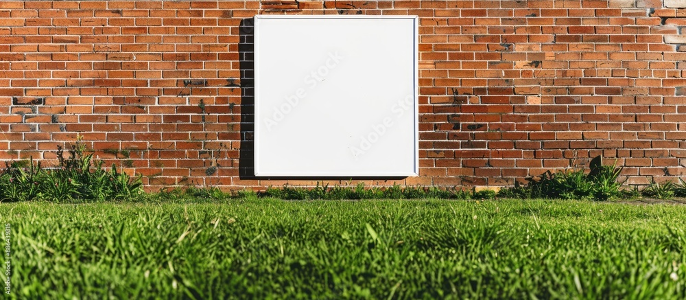 Poster empty white poster displayed on a vibrant green lawn against a backdrop of a brick wall with ample c