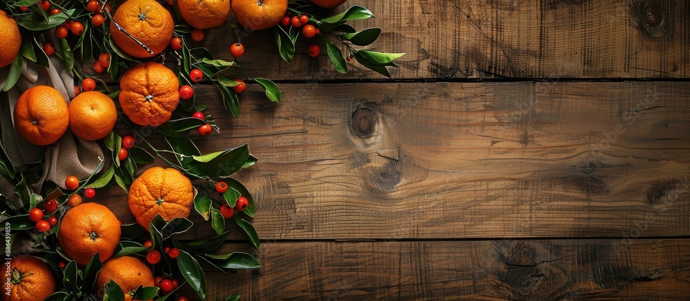 Poster tasty festive tangerines on a tree branch on a wooden background ideal for a copy space image