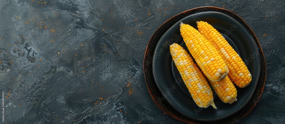 Aufkleber Top view of a plate with fresh corn cobs on a dark stone table with a food concept and space for adding images. with copy space image. Place for adding text or design