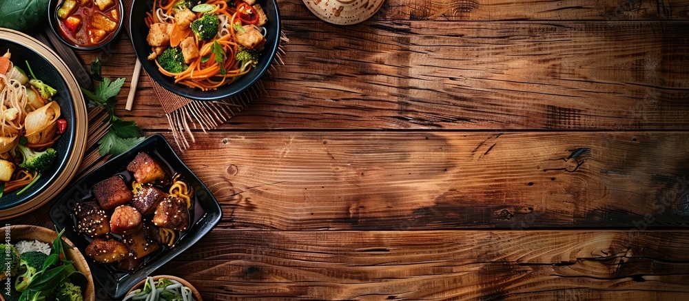 Leinwandbilder asian food themed table setting on a wooden surface with a perspective view and ample space for text