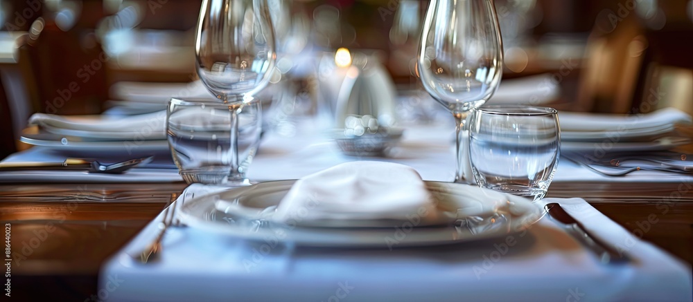 Fototapete table setting with an empty plate glasses and silverware arranged neatly suitable for a copy space i