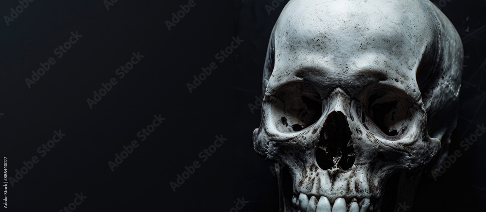Poster detailed close up image of eerie human skull against a black backdrop ideal for text or logos with c