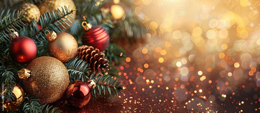 Poster festive christmas card with fir branches and ornaments on a sparkling background with copy space ima