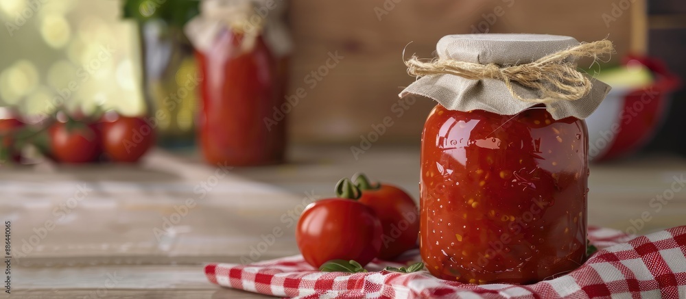 Poster jar of tomato paste displayed on the table cloth with copy space image