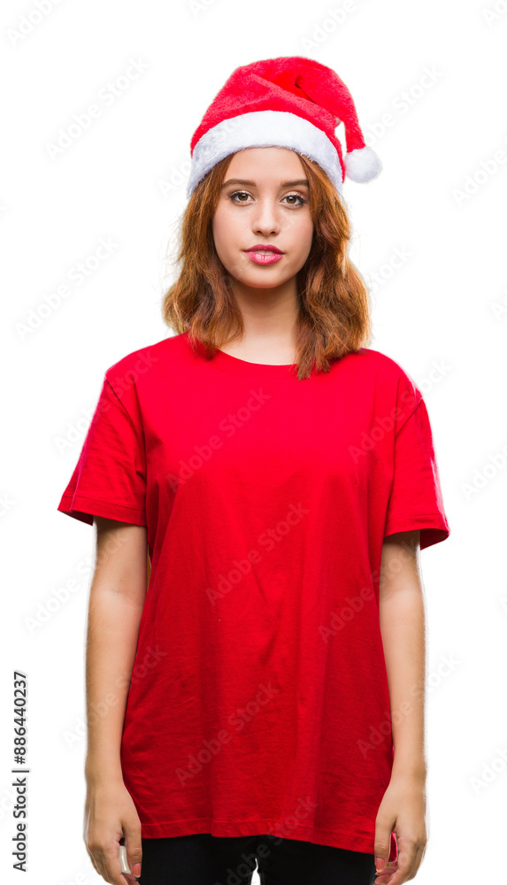 Sticker young beautiful woman over isolated background wearing christmas hat with a happy and cool smile on 