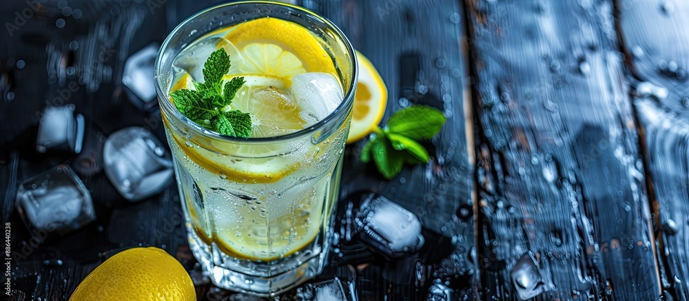 Leinwandbilder selective focus on a cold refreshing glass of lemonade with a lemon slice mint and ice set on a dark