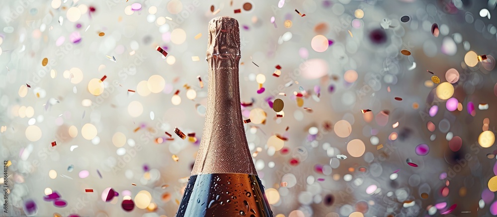Poster creative concept photo featuring a champagne bottle with confetti in the background providing ample 