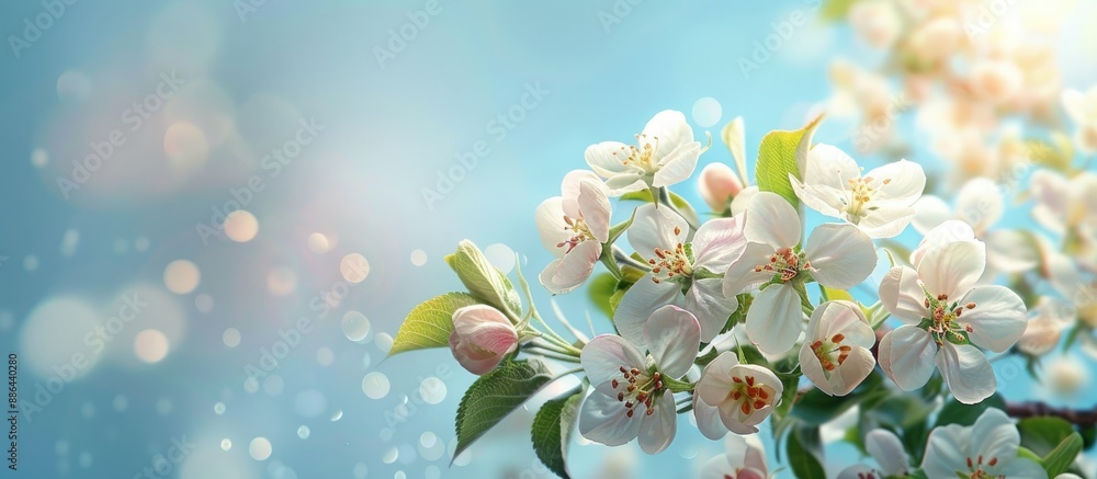 Leinwandbilder blooming apple tree flowers with foliage against a blue sky background and a joyful easter message i