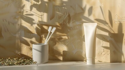 Minimalist Bathroom Scene with Toothbrushes in Holder and Tube of Toothpaste on Light Background