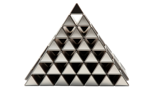 A Metallic Triangle Pyramid Constructed From Numerous Triangular Pieces on a White or Clear Surface PNG Transparent Background - Powered by Adobe