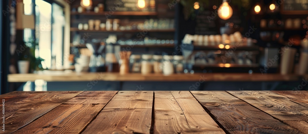 Aufkleber An empty brown wooden table with selective focus for displaying products featuring a blurred coffee shop background with bokeh copy space image