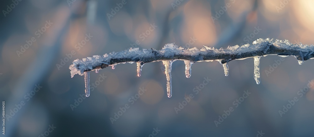 Aufkleber Selective focus on an icicle formed on a frozen branch during an ice storm suitable for a copy space image