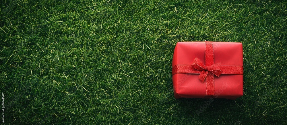 Poster top view of a gift box on lush green grass background suitable for christmas and new year with copy 