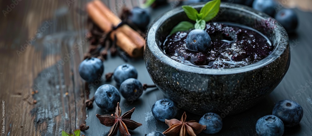 Poster Using a mortar and pestle to make a sauce with blueberries anise star and cloves in a copy space image