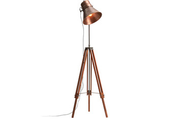 A Tripod Floor Lamp With Copper Shade Illuminates a Room on a White or Clear Surface PNG Transparent Background