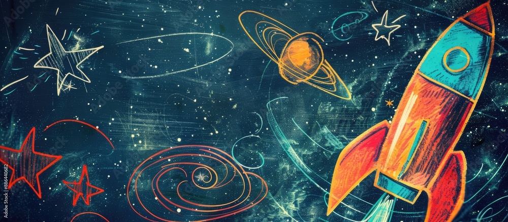 Poster rocket and star sketches on a space themed copy space image