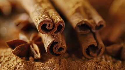 Cinnamon sticks on a wooden background. A spicy seasoning for pastries, desserts and drinks. Fragrant ground cinnamon.