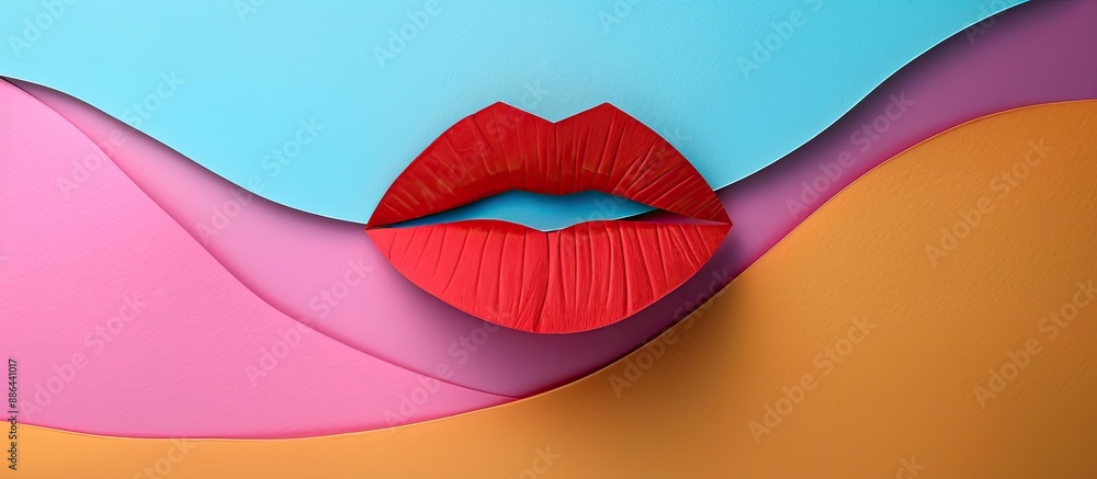 Poster Red paper lips on a colorful backdrop with copy space image