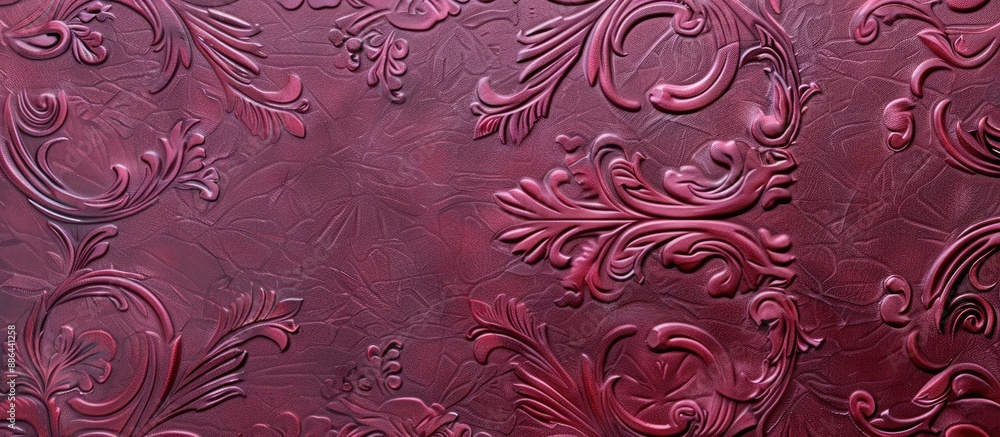 Poster Texture of a sheet of paper in a burgundy hue with decorative embossed patterns suitable for featuring designs with a blank space for images. with copy space image. Place for adding text or design