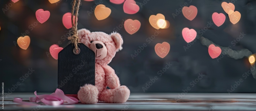 Poster rustic black wooden tag with hearts a pink teddy bear and a blurred backdrop in a simple retro frame