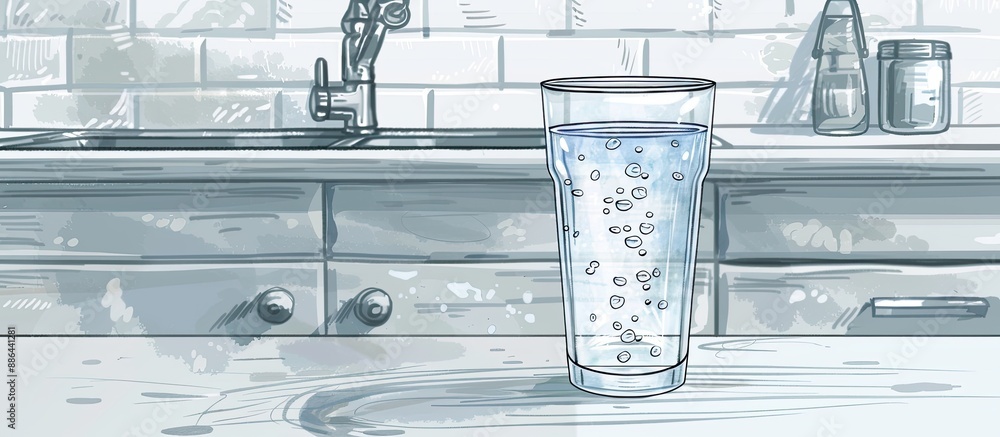 Poster drawing a glass of water showcasing both clear and dirty water from a filter and a kitchen tap with 