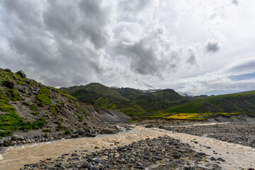 Amazing scenery of the view on Kyzylkol river and Emmanuel glade with camping in the Elbrus region. © Evgeniy