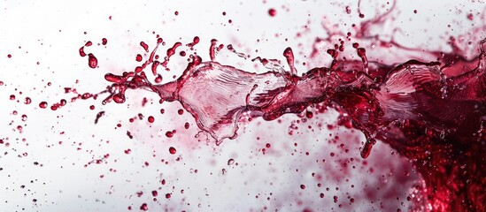 Red wine splashed across glass creating artistic patterns on a white backdrop with copy space image Liquids frozen in captivating movement