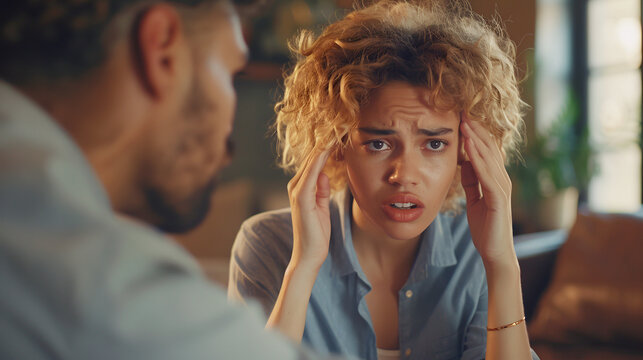 portrait of a couple in crisis. Woman looks frustrated while man makes heated argument.