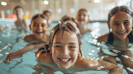 A group of elementary school children enjoyed learning swimming skills at the pool. happy summer vacation