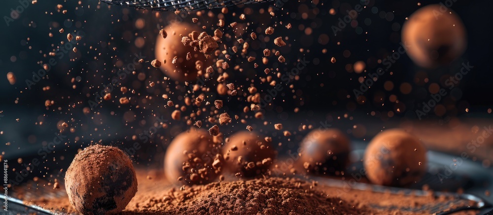Poster close up conceptual photo of a handmade chocolate truffle ball sprinkled with cocoa through a sieve 