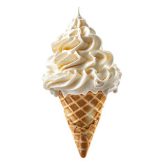 Front view of a delicious looking cheesecake softee swirl in a waffle cone levitating in the mid-air isolated on a white transparent background