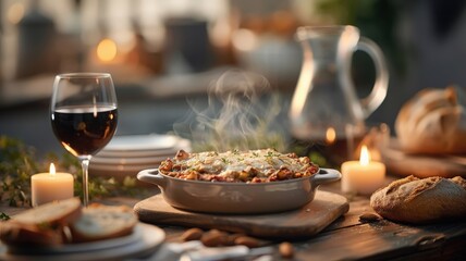 A rustic table setting with a steaming lasagna dish, bread, red wine, and candlelight.