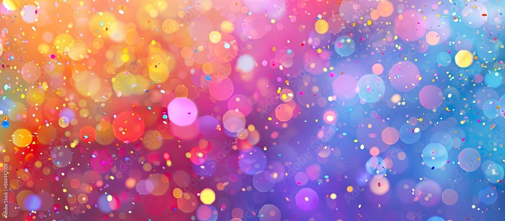 Poster Vibrant confetti scattered on colorful background with round blurred shapes and shimmering glitter ideal for copy space image