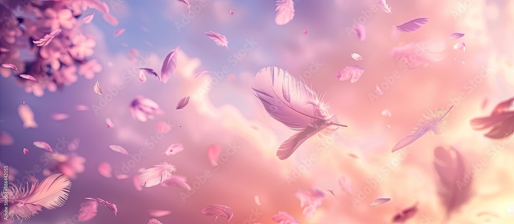 Poster A soft dreamy background with a scattering of lilac feathers in the corner against a romantic sky backdrop perfect for a copy space image